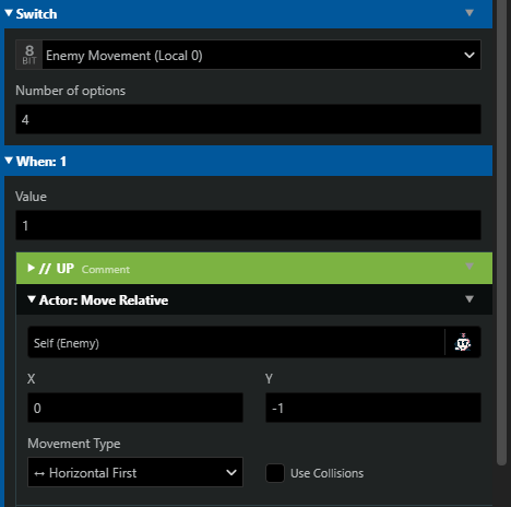 A screenshot of a Switch event in GB Studio, with a movement event in each switch value.