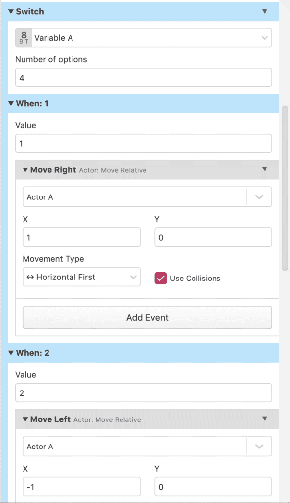 An image of a script written for a custom event. It is a Switch event with multiple options.