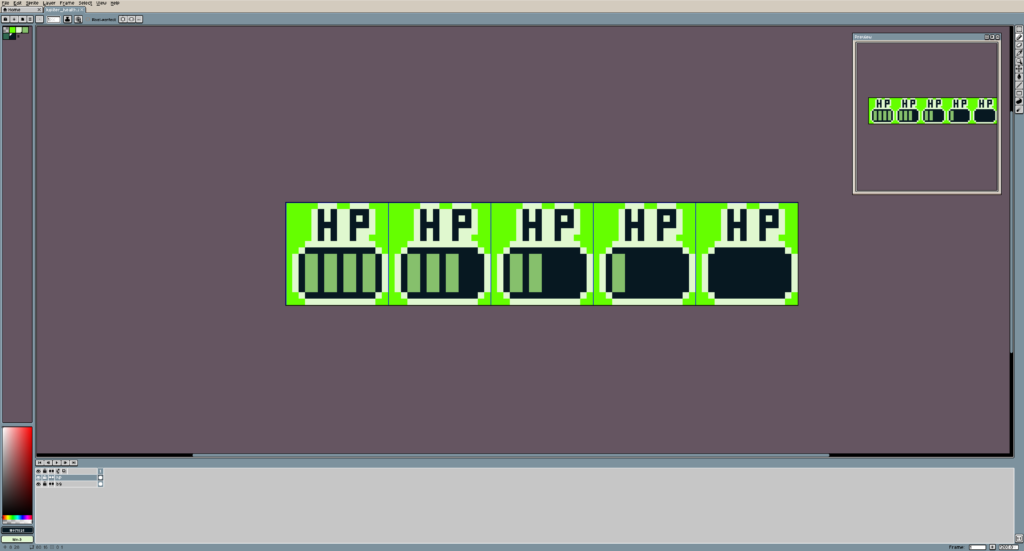 An image showing a sprite sheet in Aseprite. There are 5 frames of animation for the HUD actor.