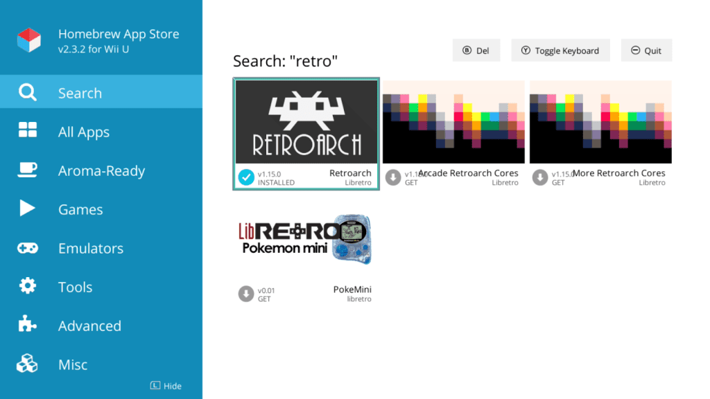 A screenshot showing the Retroarach app displayed in the Homebrew App Store.