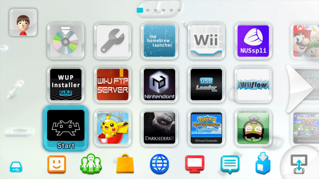 A screenshot showing a Wii U's home screen. Retroarch now has an app icon after using the forwarder tool.