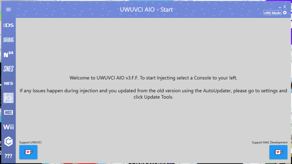 A screenshot showing the main screen of the UWUVCI software.