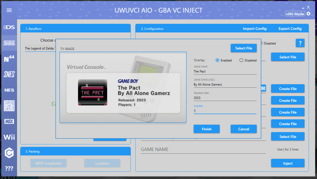 A screenshot from UWUVCI, showing a configured gameboy game.