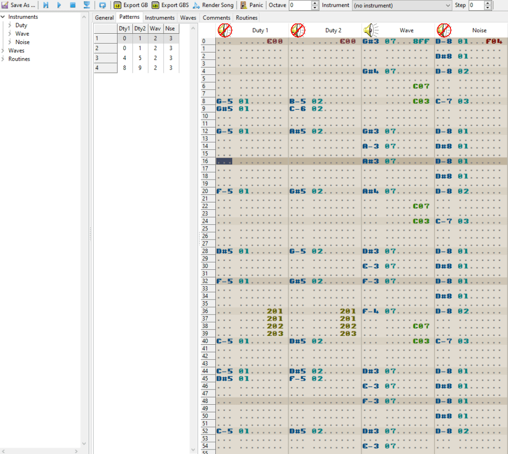 A screenshot of the hUGETracker interface, showing what happens when you isolate a channel.