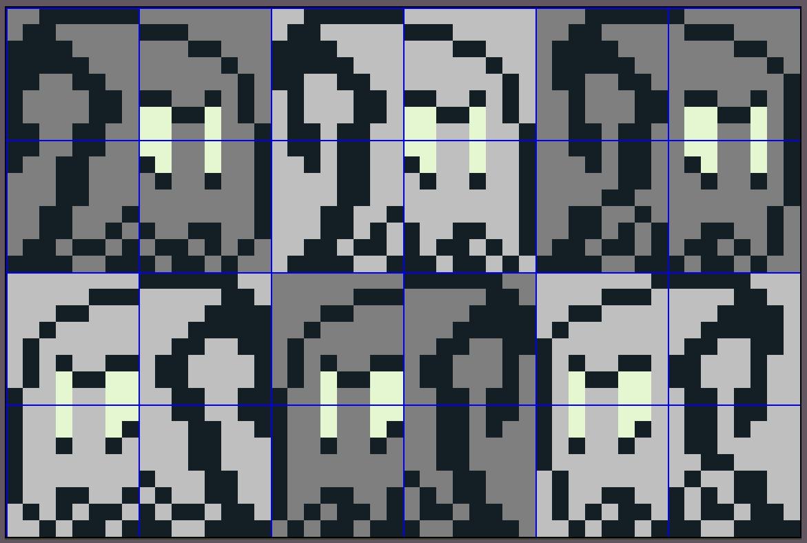 A screenshot of GB Studio's sprite editor, showing the frames used for the actor to achieve the invisibility effect.