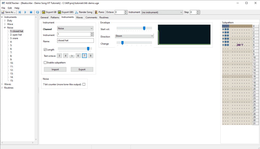 An image of an instrument configured in hUGETracker.