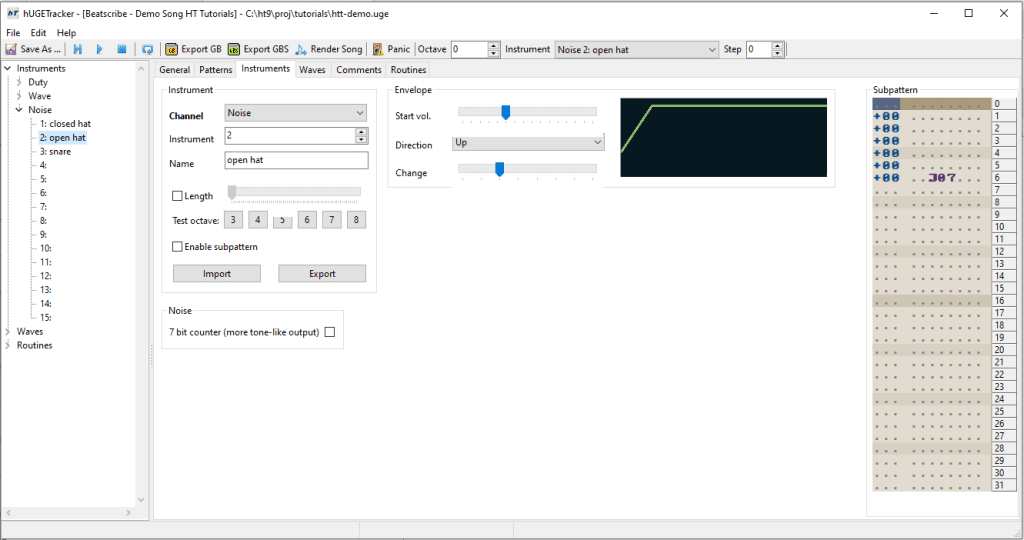 An Open Hi-Hat configured in hUGETracker.