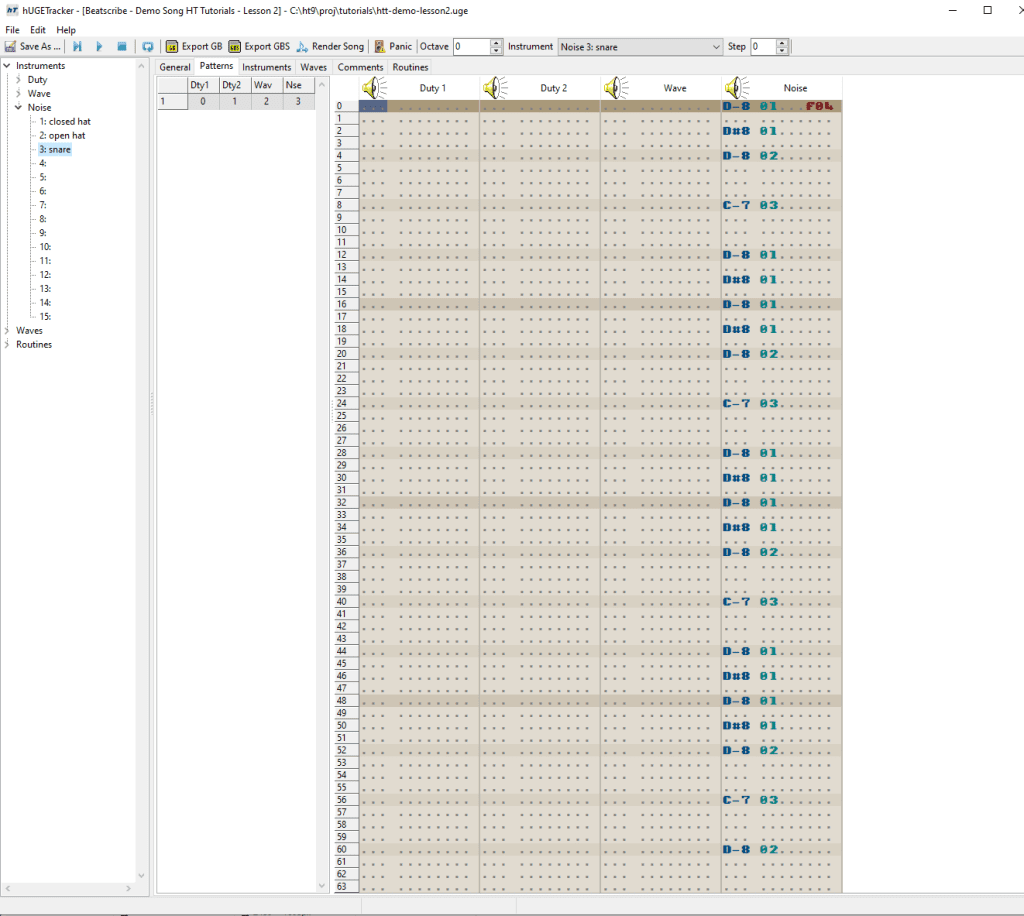 A music pattern configured in hUGETracker.