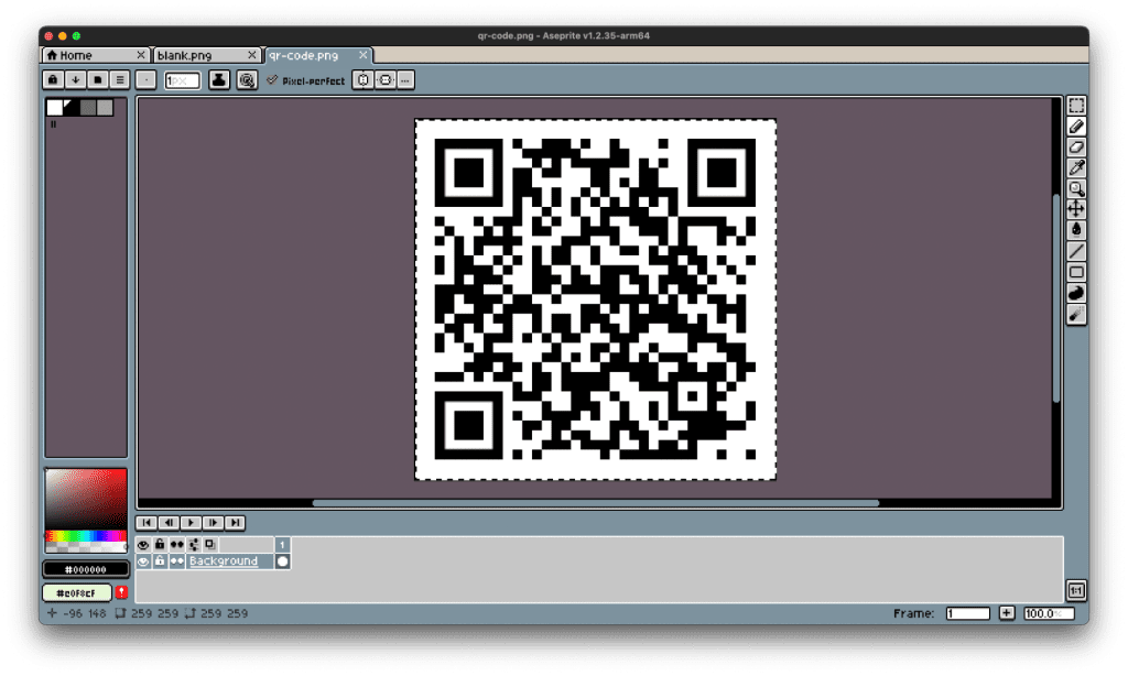 A QR code being edited in ASeprite. The QR code links to a music video.