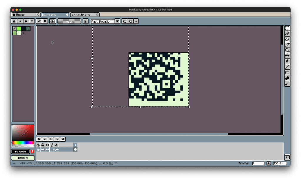 An example of pasting a QR code from ASeprite into GB Studio.