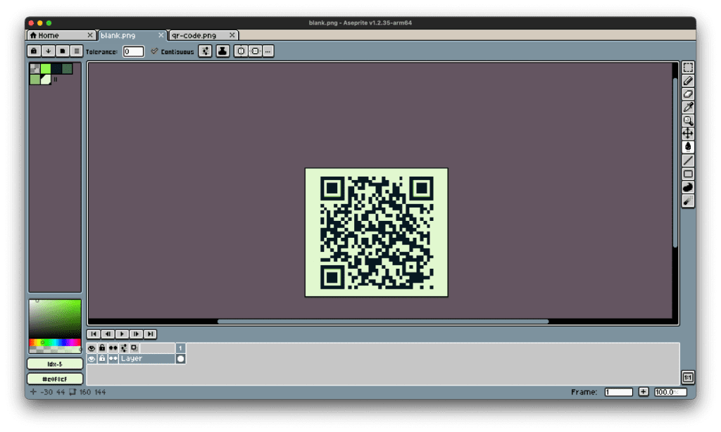 An image of a QR code being resized in ASeprite. 