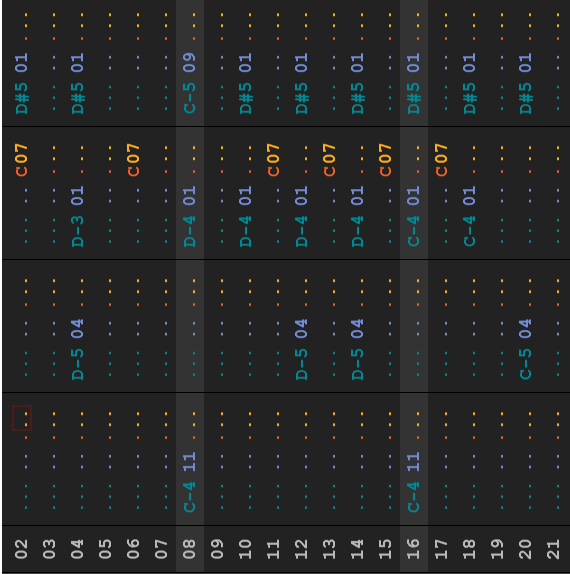An image of the GB Studio tracker, flipping the notes on their side for a visual example.