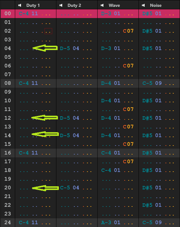 An image of the GB Studio tracker, with arrows pointing to the 12th, 14th, and 20th rows.