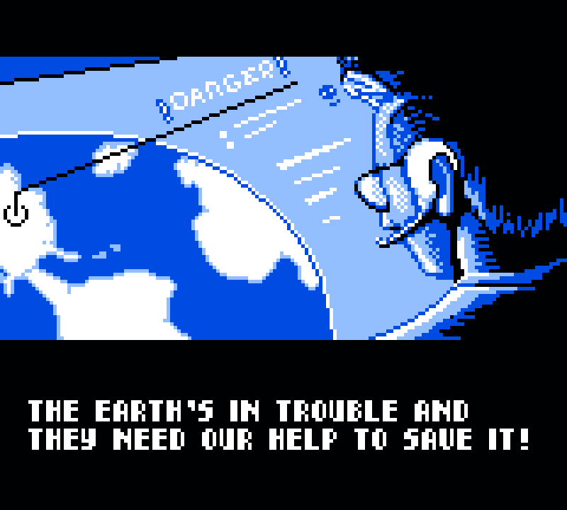 A screenshot from a cutscene in Cosmic Climb. A man declares "The earth is in trouble and they need our help to save it!".