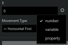 An image showing the options that can be selected for a coordinate value in a Move event.