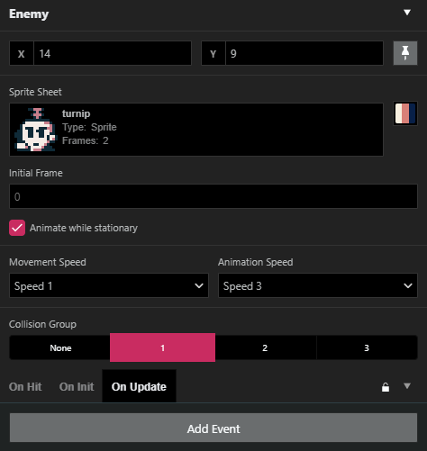 An image of the GB Studio user interface, showing an Actor's settings.