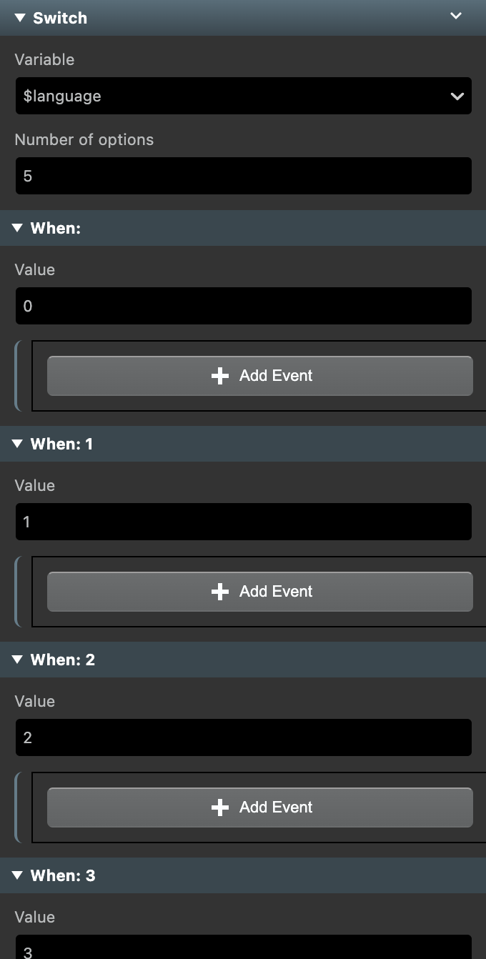 A screenshot of a Switch event in GB Studio with 5 options available.