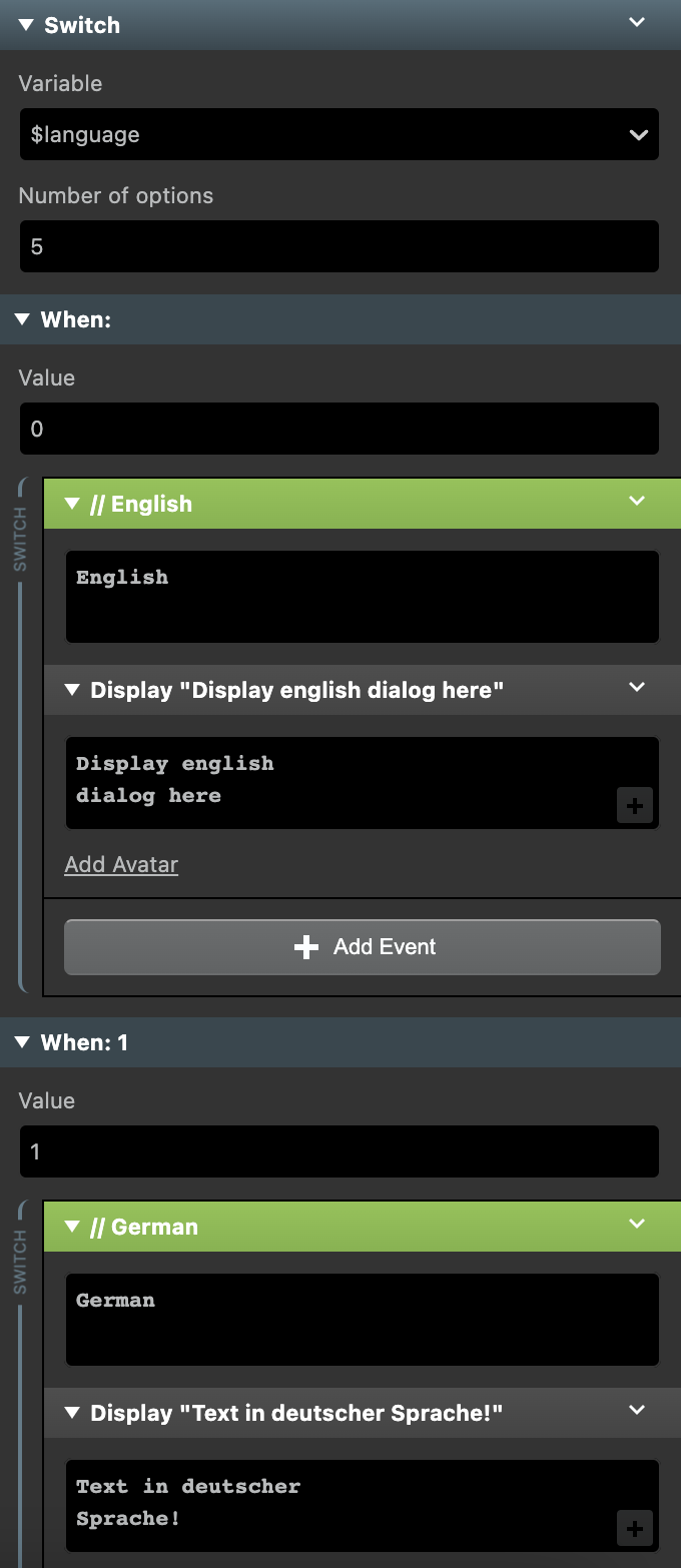 A screenshot of a Switch event in GB Studio. The first option has English dialogue, while the next has German.