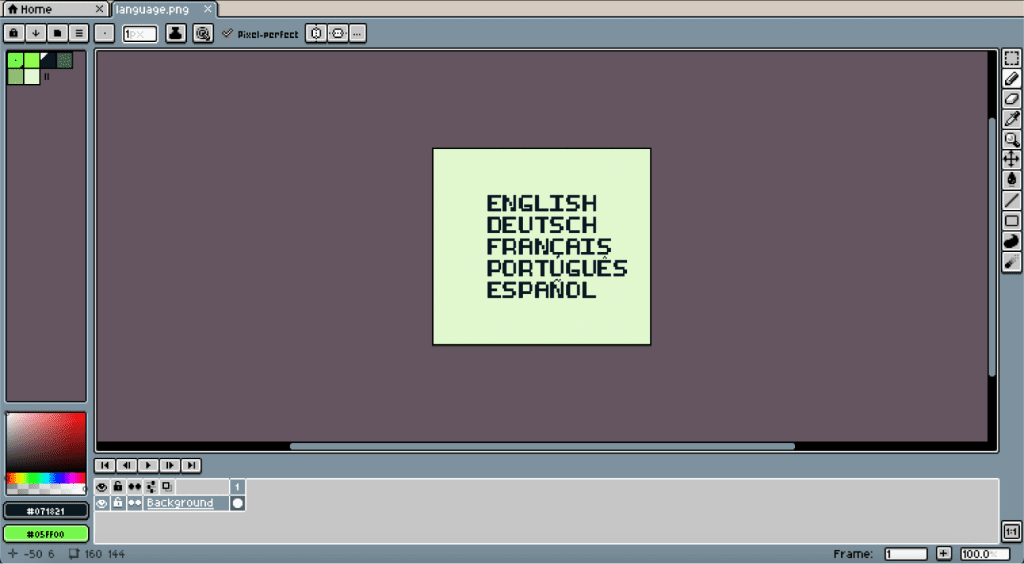 A GB Studio scene background created in Aseprite, providing 5 language options.