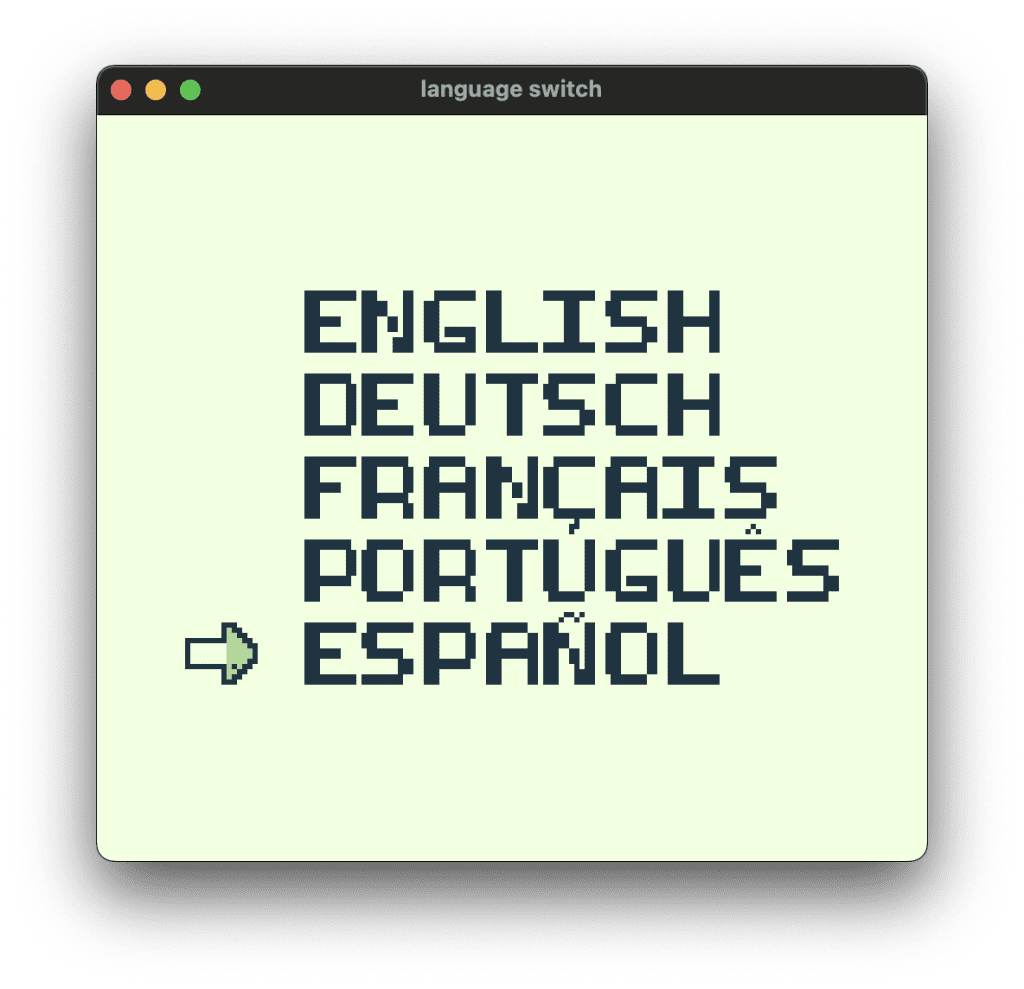 The language selection screen we created in GB Studio, with the option for Spanish displayed.