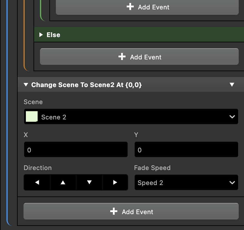Adding a scene change event in our GB Studio script.