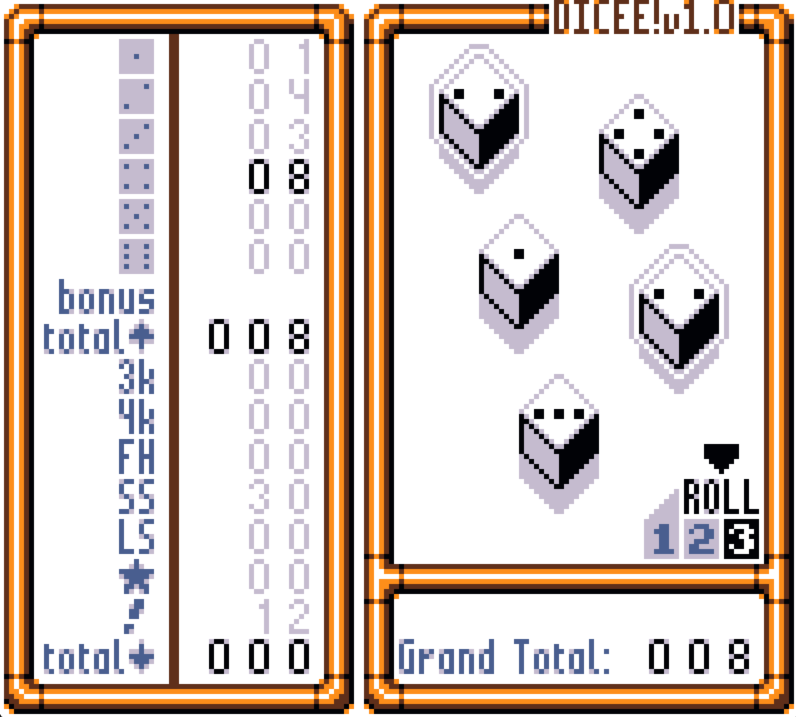 A screenshot of the GameBoy game Dicee! showing the results of 5 dice rolls.