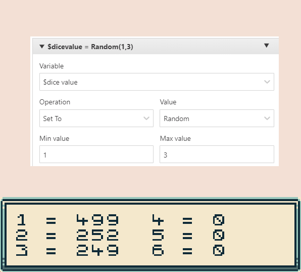 An image showing that GB Studio's randomization is generating more results of 1 than other values on a simulated three-sided dice.