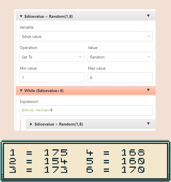 An image showing that GB Studio is distributing randomized results more evenly when simulating an eight sided dice.