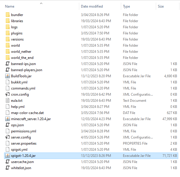 An example image showing a list of files in the server's plugins folder.