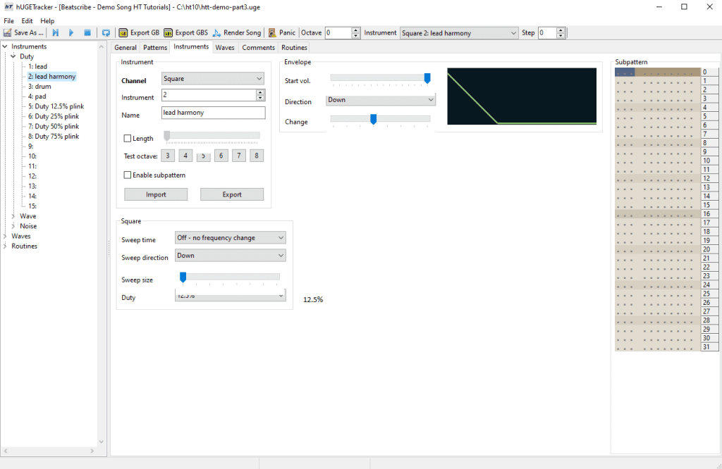 A screenshot of the hugetracker interface, showing our second instrument being created.