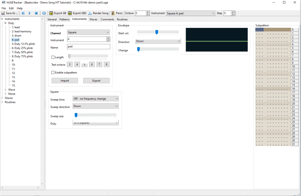 A screenshot of the hugetracker interface, showing our fourth and final instrument being created.