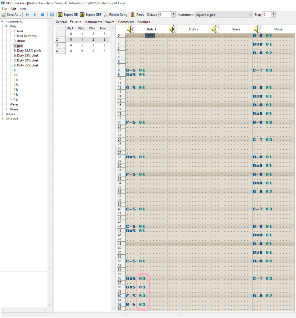 A screenshot of the hugetracker interface. Notes for duty 2 have been highlighted where the instrument is changed to instrument 3.