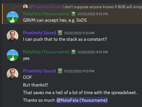 A series of messages in Discord that show a conversation between the author and NalaFala. NalaFala is explaining a GBVM tip to the author.