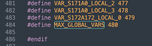 A screenshot showing where the MAX_GLOBAL_VARS variable is defined in the project source code.