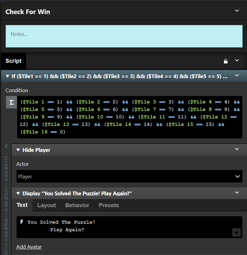 A screenshot of the script that checks if the game has been won.