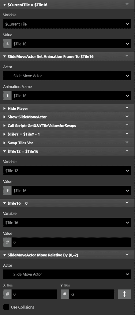 A screenshot of how the tile movement events are set up.