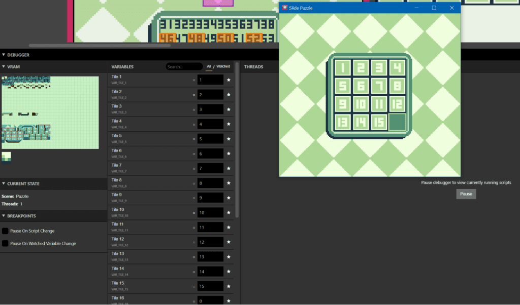 A view of the debug screen for the game.