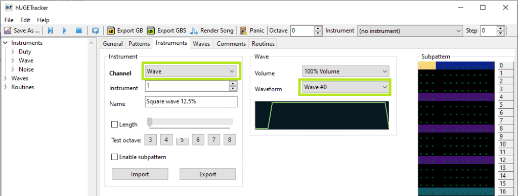 A screenshot from hugetracker showing an instrument tab with a wave channel instrument selected.