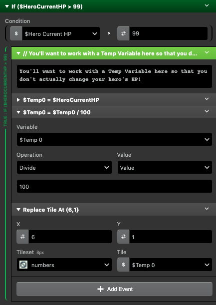 A screenshot showing how we use Temp variables in our math events.